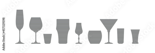 Champagne, wine, vodka, beer liquor whiskey martini rum tequila glass in minimalist linear style. Silhouette of glassware performed in the form of black thin lines. Set alcohol objects in a row. 