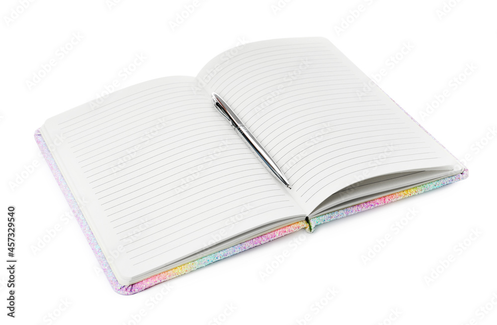 Stylish open notebook with blank sheets and pen isolated on white Stylish open notebook with blank sheets and pen isolated on white
