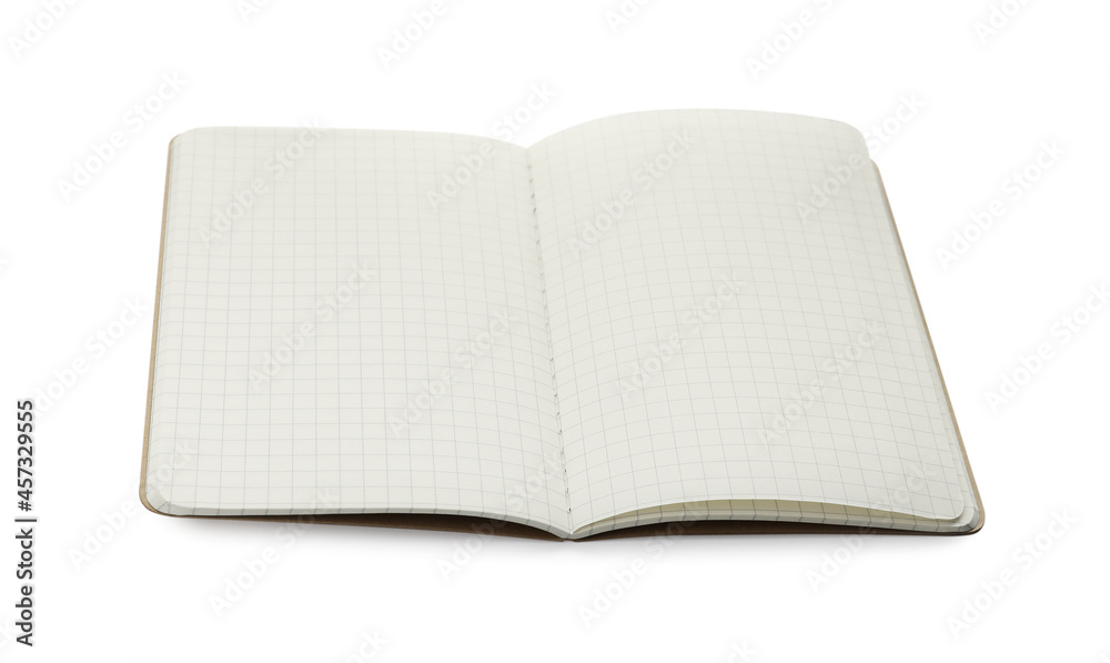 Stylish open notebook with blank sheets on white background Stylish open notebook with blank sheets on white background