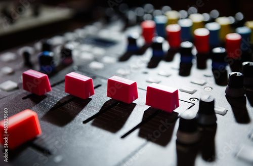 Volume regulators on dj mixer. Audio mixing controller faders for professional disc jockey