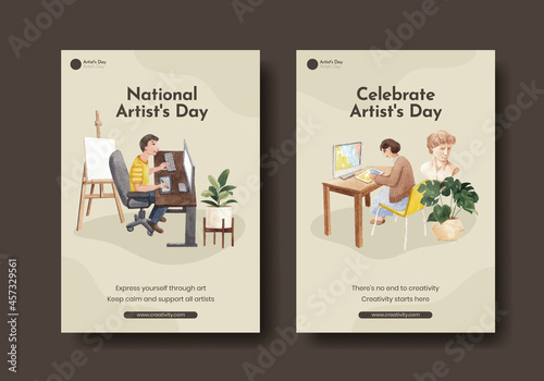 Poster template with international artists day concept,watercolor style