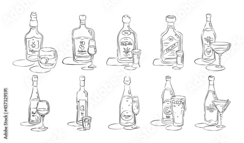 Bottle and glass whiskey, liquor, tequila, rum, vermouth, wine, vodka, champagne, beer, martini together in hand drawn style. Beverage outline icon. Line art sketch on white background