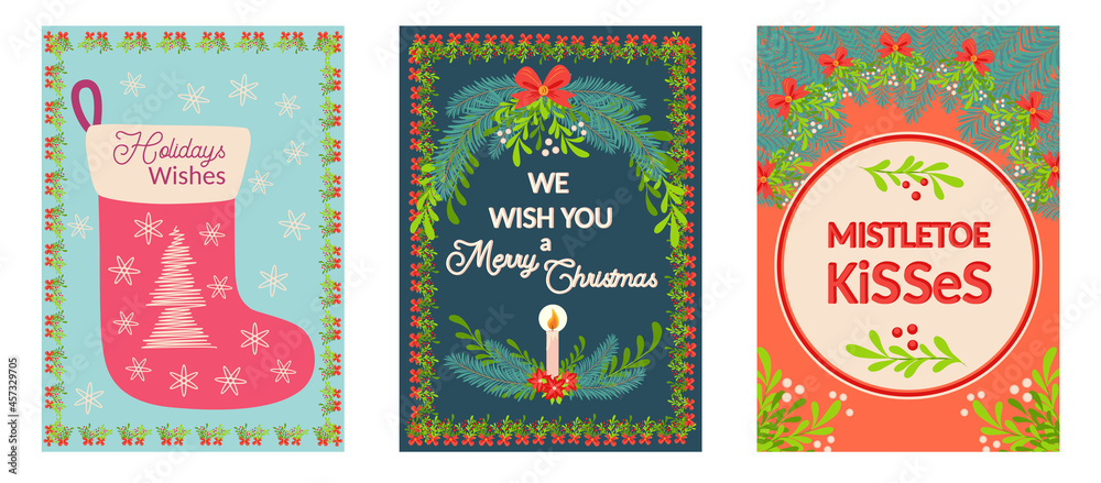 Naklejka premium Christmas and Happy New Year templates. Trendy retro style.