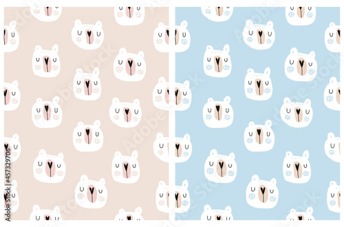 Hand Drawn Seamless Vector Patterns with Cute Dreamy Polar Bears. Infantile Style Woodland Print. Simple Abstract White Bear Heads Isolated on a Pastel Blue and Dusty Beige Background.