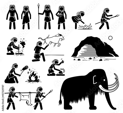 Prehistory Prehistoric Paleolithic Old Stone Age Ancient Human. Vector illustrations depict primitive caveman people from old stone age of the paleolithic time period era.