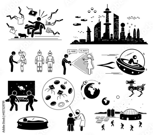 Future Futuristic World Science Fiction. Vector illustrations depict human technologies and scene in the far future.