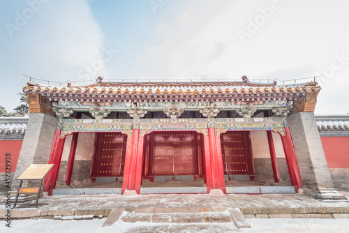 The ancient buildings of Qing Zhaoling Mausoleum in Shenyang, Liaoning province, China, after winter snow.