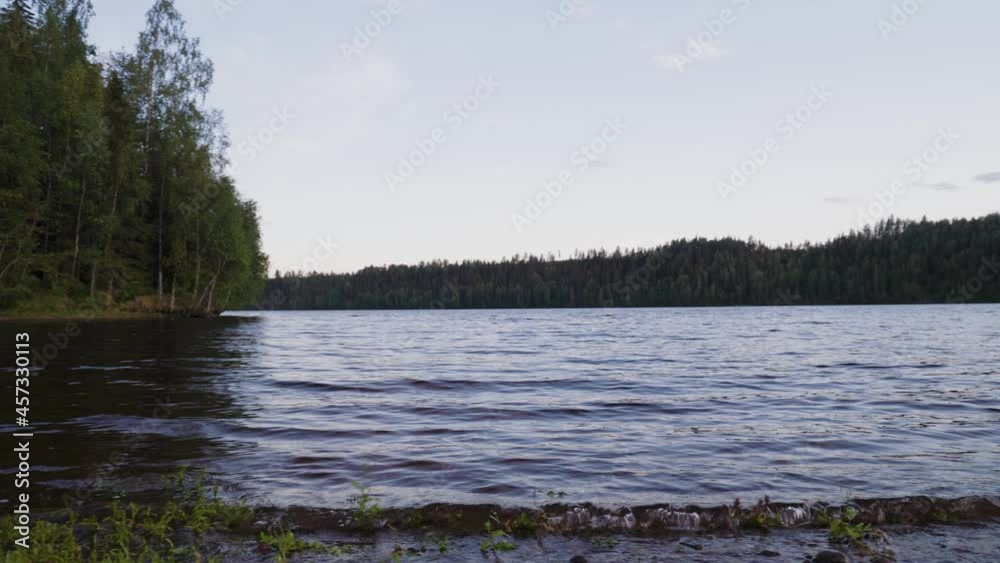 Panning Lakeview in Näsåker Sweden, with small waves hitting the coast and focus on the front of the lake, background out focus. Panning Lakeview in Näsåker Sweden, with small waves hitting the coast and focus on the front of the lake, background out focus.