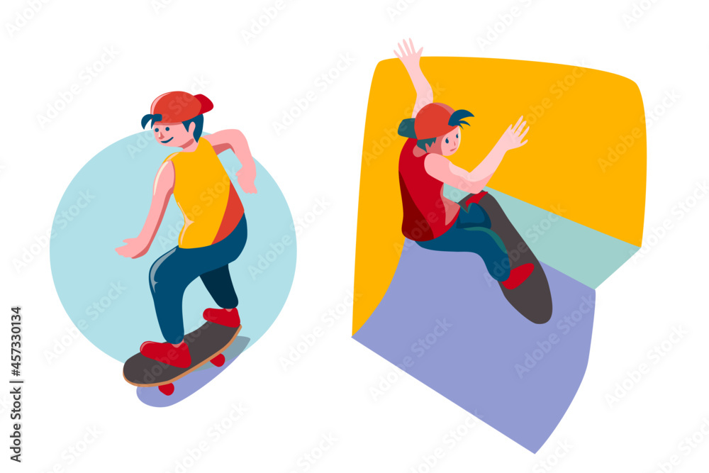 Set of boys are riding on skateboard in skate part. Illustration of young man are playing skateboard and surfskate happily.