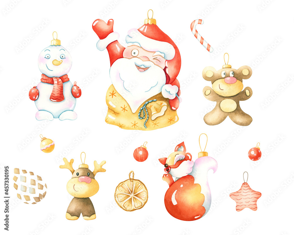 Fototapeta premium New year traditional symbols collection. Watercolor christmas toys.