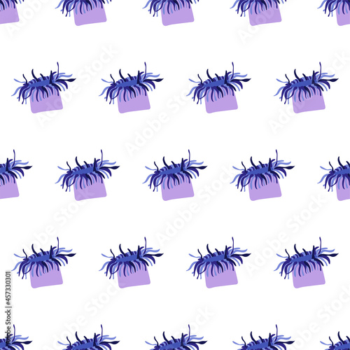 Sea animal seamless pattern with purple sea anemone. Undersea world habitants print. Hand drawn underwater life vector illustration. Funny cartoon marine animals character for kid fabric, textile.