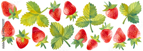Watercolor set of strawberry fruits and leaves, hand painted elements on a white background, decorative botanical illustrations
