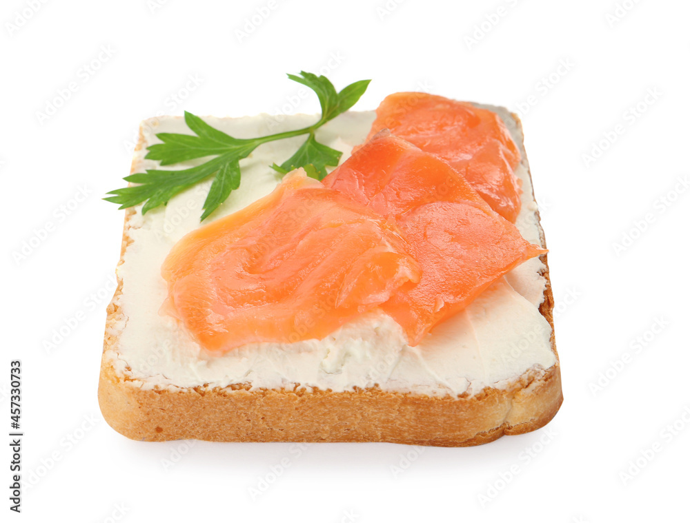 Delicious sandwich with cream cheese, salmon and parsley isolated on white