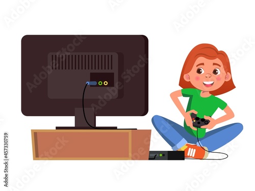 A joyful teen girl plays enthusiastically in the console video game. Gamer girl