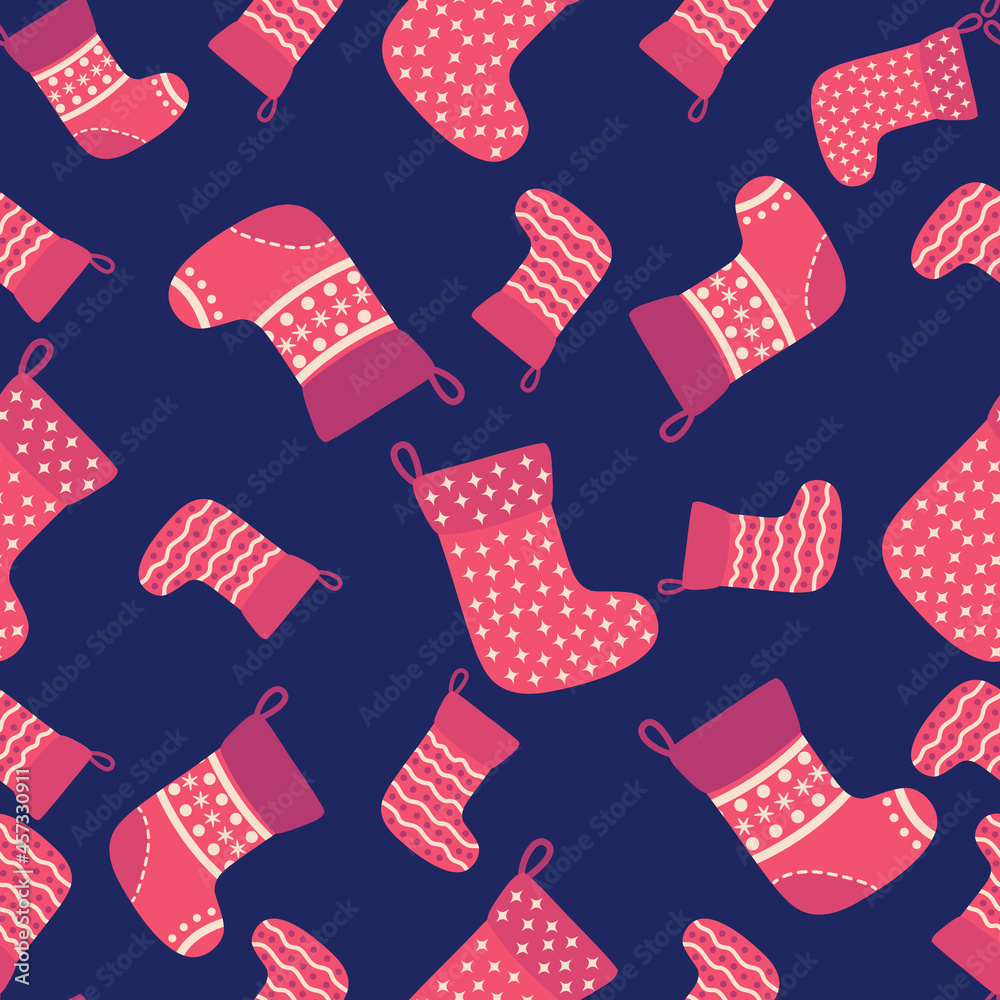 Christmas seamless pattern with red Christmas socks with snowflakes, specks Christmas seamless pattern with red Christmas socks with snowflakes, specks