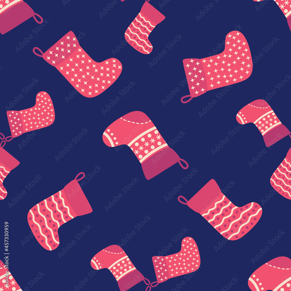 Christmas seamless pattern with red Christmas socks with snowflakes, specks Christmas seamless pattern with red Christmas socks with snowflakes, specks