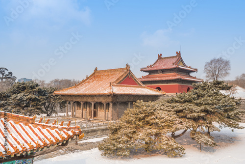 The ancient buildings of Qing Zhaoling Mausoleum in Shenyang, Liaoning province, China, after winter snow.