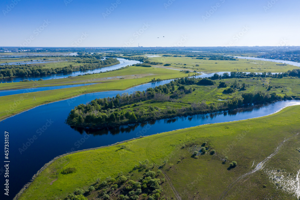 Scenic aerial view of high water in spring time