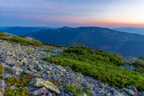 Magical summer sunset in the Carpathian mountains with over the rocky outcrops of the Gorgany region. Picturesque sunset in the mountains over the rocky surface of the mountain. Vibrant photo wallpape © ihorhvozdetskiy