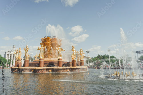 Fountain "Friendship of Nations" in Moscow, VDNKh on a warm summer day