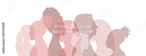 Breast cancer awareness month concept. Women of different ethnicities stand side by side together. Flat vector illustration.	