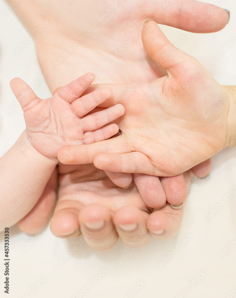 Four family hand palms at white isolated background, parents and kids Four family hand palms at white isolated background, parents and kids