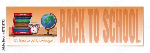 Bookshelf with textbooks. Back to school. Its time to get knowledge. Knowledge day horizontal banner bookmark. Vector illustration