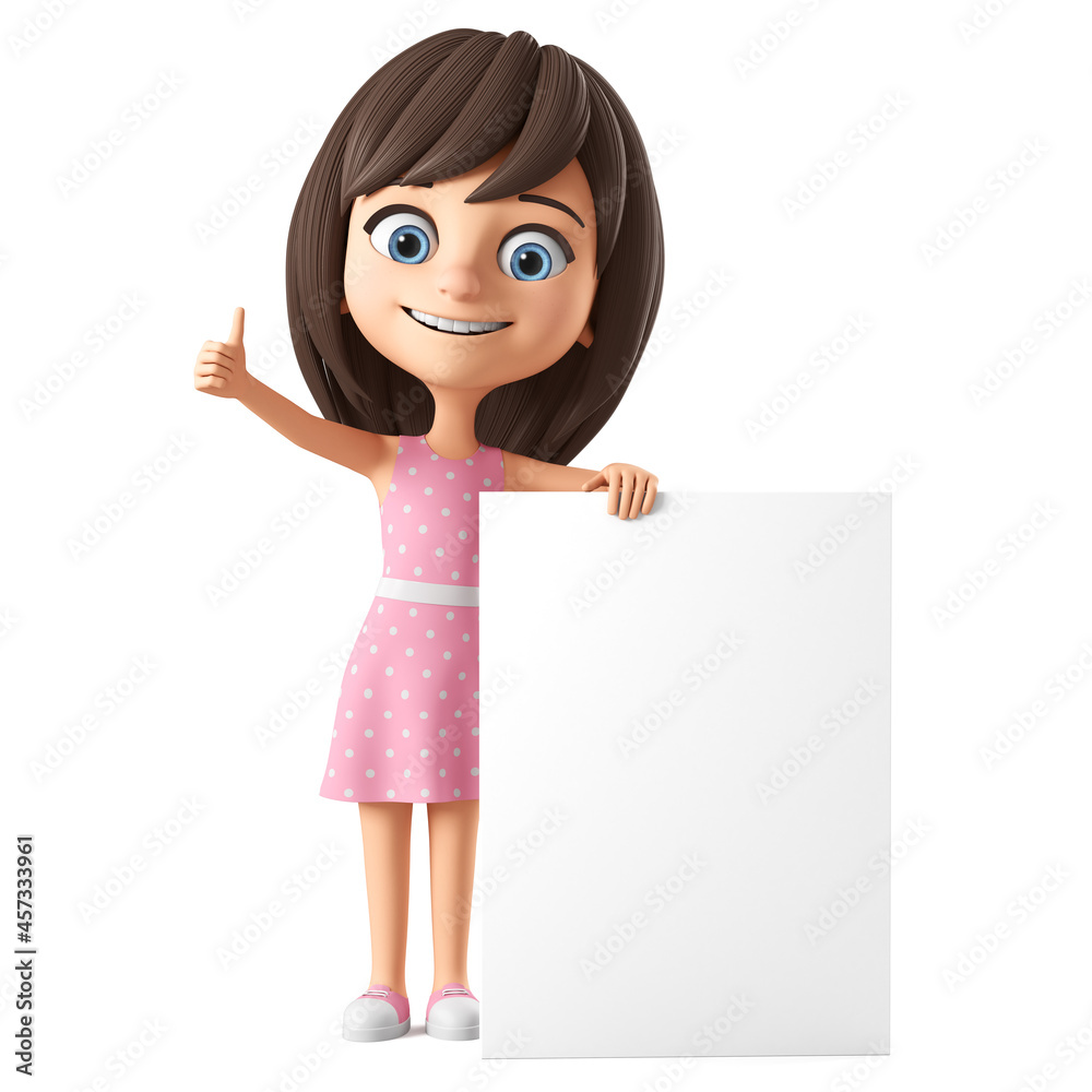 Character cartoon beautiful girl in a pink dress and blue eyes shows thumbs up leaning against an empty board. 3d render illustration.