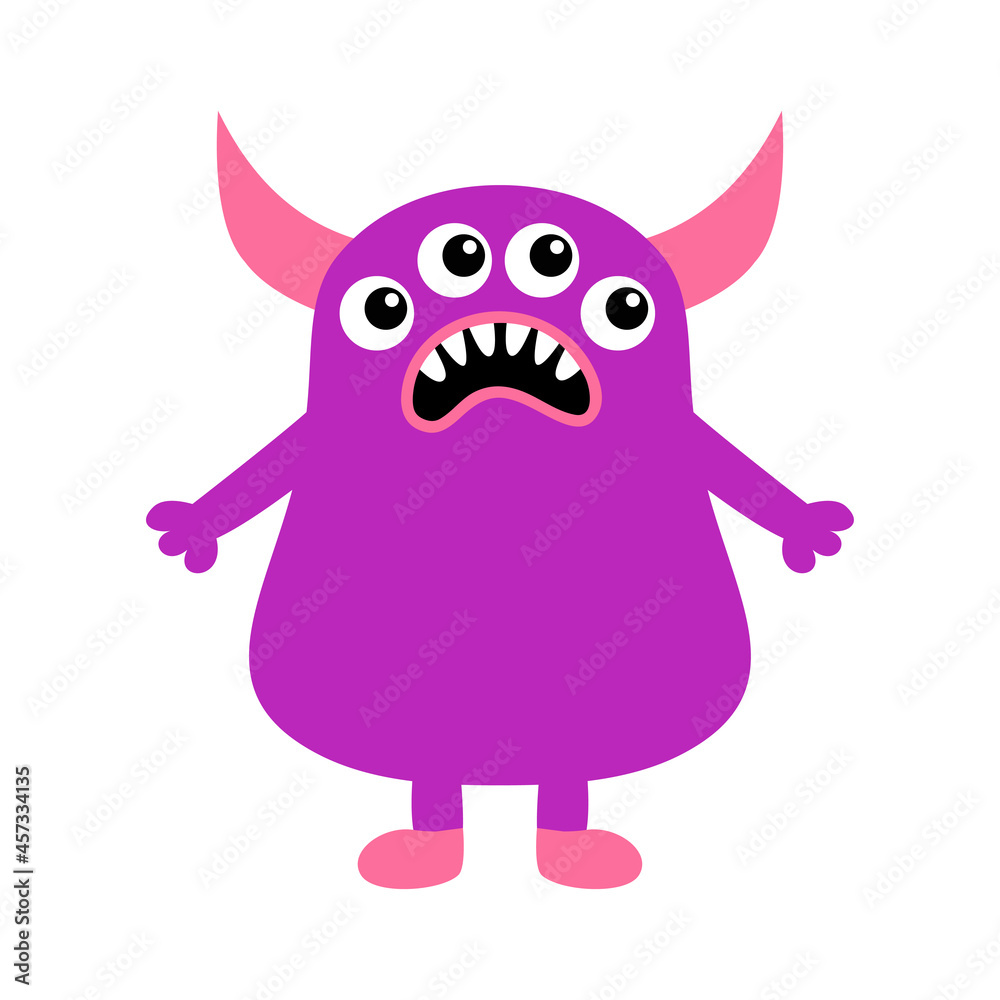 Monster icon. Happy Halloween. Sad face head. Eyes, horns, fang tooth. Cute cartoon boo spooky character. Kawaii funny baby. Violet silhouette. Flat design. White background Monster icon. Happy Halloween. Sad face head. Eyes, horns, fang tooth. Cute cartoon boo spooky character. Kawaii funny baby. Violet silhouette. Flat design. White background
