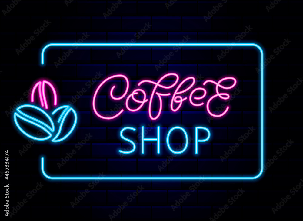 Coffee shop neon banner. Bright flyer. Coffee beans neon light icon. Editable stroke. Vector stock illustration