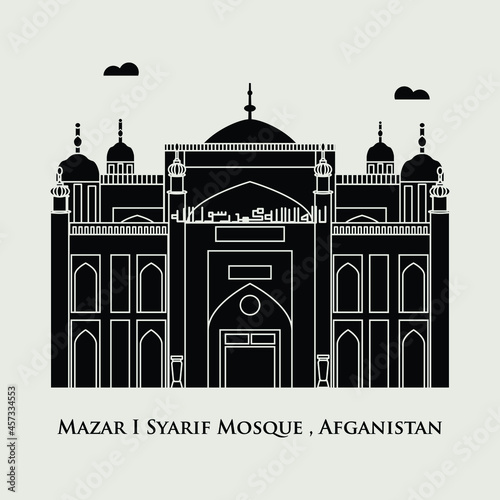 Silhouette flat icon vector illustration of a historic building mosque, Simple outline icon design cartoon landmark for praying vacation travel tourist attractions. Mazar I Syarif Mosque , Afghanistan
