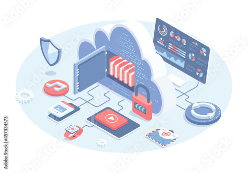 Cloud computing, data processing center, cloud database. Secure connection. Vector illustration in 3d design. Isometric web banner.