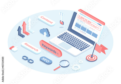 Seo optimization web concept.  Search engine, keywords, website traffic, top ranking. Vector illustration in 3d design. Isometric web banner.