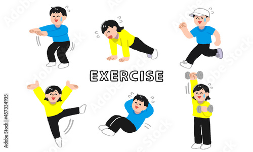 楽しそうに運動、体を鍛える男女イラストセット文字付