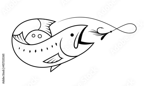 Salmon fishing symbol drawing with black lines on white