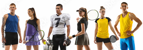 Sport collage. Male and female athletes, tennis, volleyball, american football, running players posing isolated on white studio background.