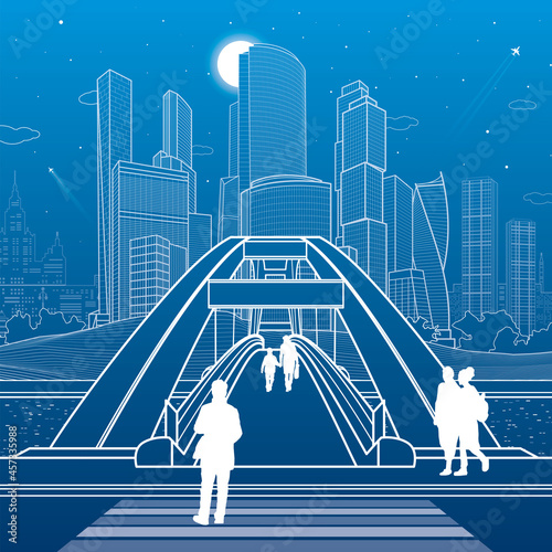 Pedestrian bridge over the river. Night modern city at background. Infrastructure town illustration. People walking at street. Vector design art