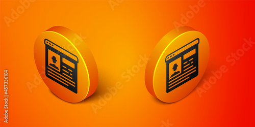 Isometric Resume icon isolated on orange background. CV application. Searching professional staff. Analyzing personnel resume. Orange circle button. Vector