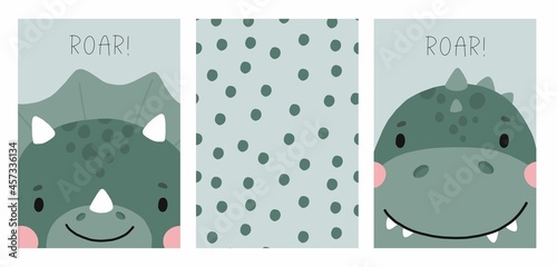 Fototapeta Naklejka Na Ścianę i Meble -  Cute cartoon little dinosaur - vector illustration. Cute simple dino portraits -Great for designing baby clothes.
