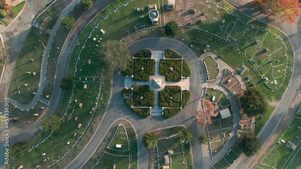 Aerial: Piedmont cemetery and Piedmont town at sunset. California, USA Aerial: Piedmont cemetery and Piedmont town at sunset. California, USA