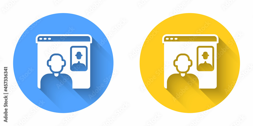 White Video chat conference icon isolated with long shadow background. Online meeting work form home. Remote project management. Circle button. Vector White Video chat conference icon isolated with long shadow background. Online meeting work form home. Remote project management. Circle button. Vector