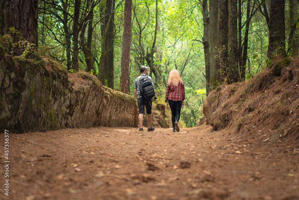 Couple walking through the forest back to back, outdoor excursion Couple walking through the forest back to back, outdoor excursion