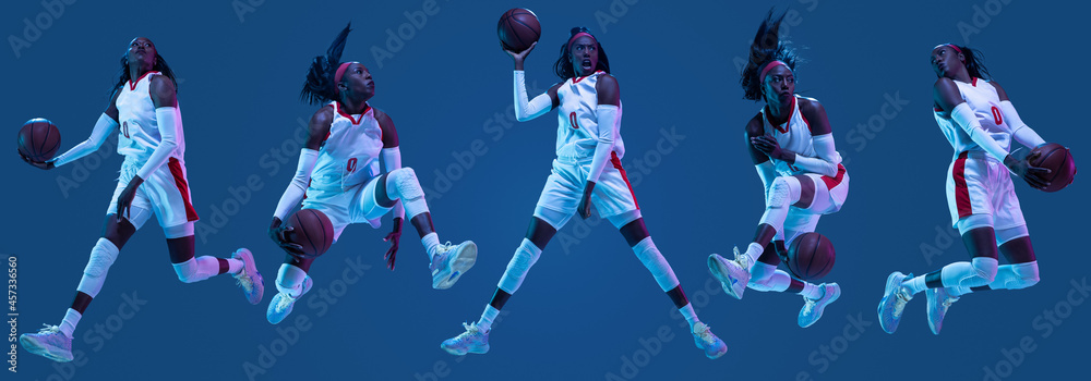 Fototapeta premium Collage of sportive african-american female basketball player in motion and action in neon light on blue background. Concept of professional sport