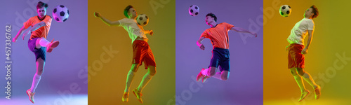 Sport collage. Young man, professional soccer player in action training isolated over purple studio background in neon light. Flyer. Concept of sport, competition