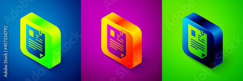 Isometric Resume icon isolated on blue, purple and green background. CV application. Searching professional staff. Analyzing personnel resume. Square button. Vector