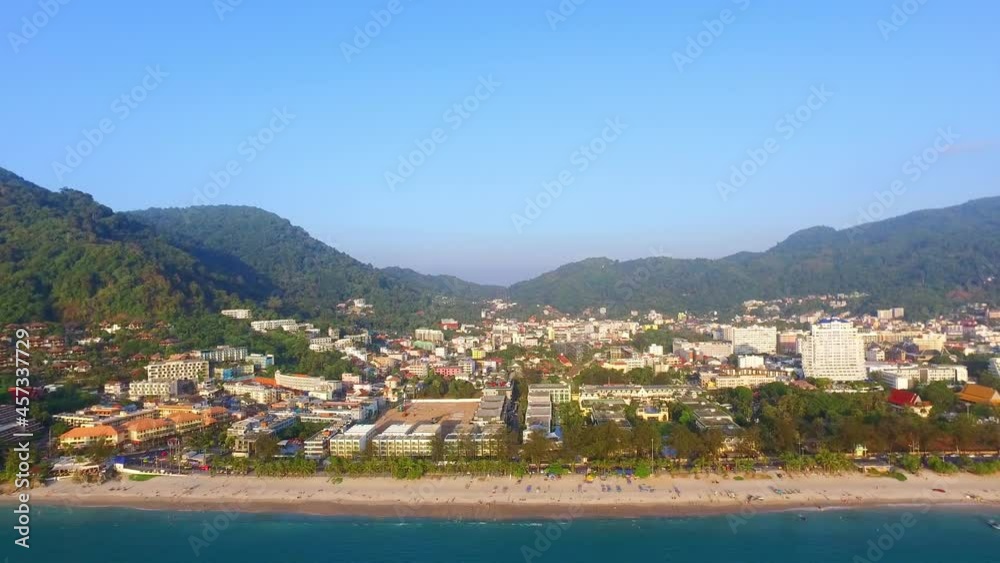 Aerial view Drone camera flying over Patong city Phuket Thailand in the morning Aerial view Drone camera flying over Patong city Phuket Thailand in the morning