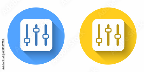 White Sound mixer controller icon isolated with long shadow background. Dj equipment slider buttons. Mixing console. Circle button. Vector