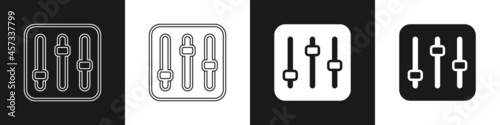 Set Sound mixer controller icon isolated on black and white background. Dj equipment slider buttons. Mixing console. Vector