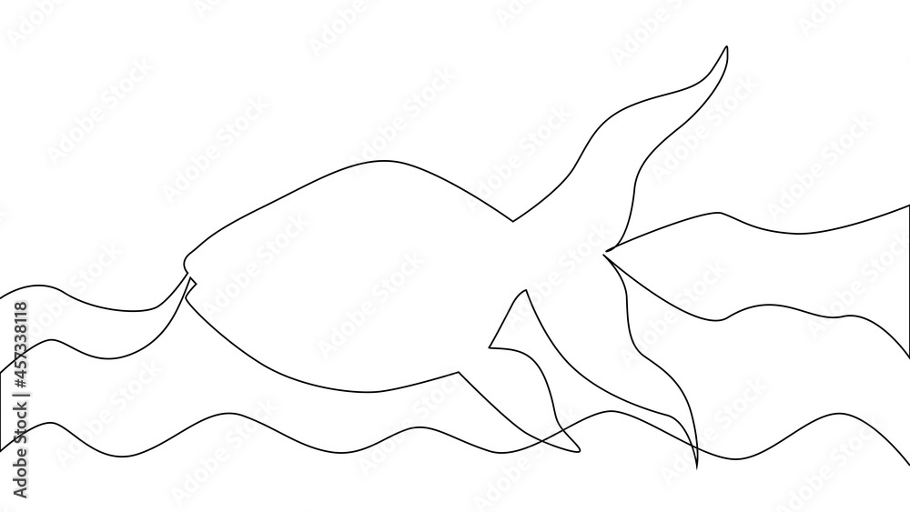 Continuous line drawing fish and waves.