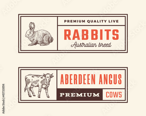 Meat Retro Framed Badges or Logo Templates Set. Hand Drawn Rabbit and Cow Sketches with Retro Typography. Vintage Sketch Emblems Set. Isolated